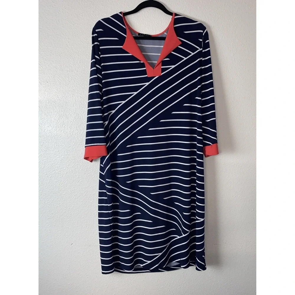 TIANA B Ladies 14 W Navy/ White Striped Coral Accents Fit & Flare Nautical Dress